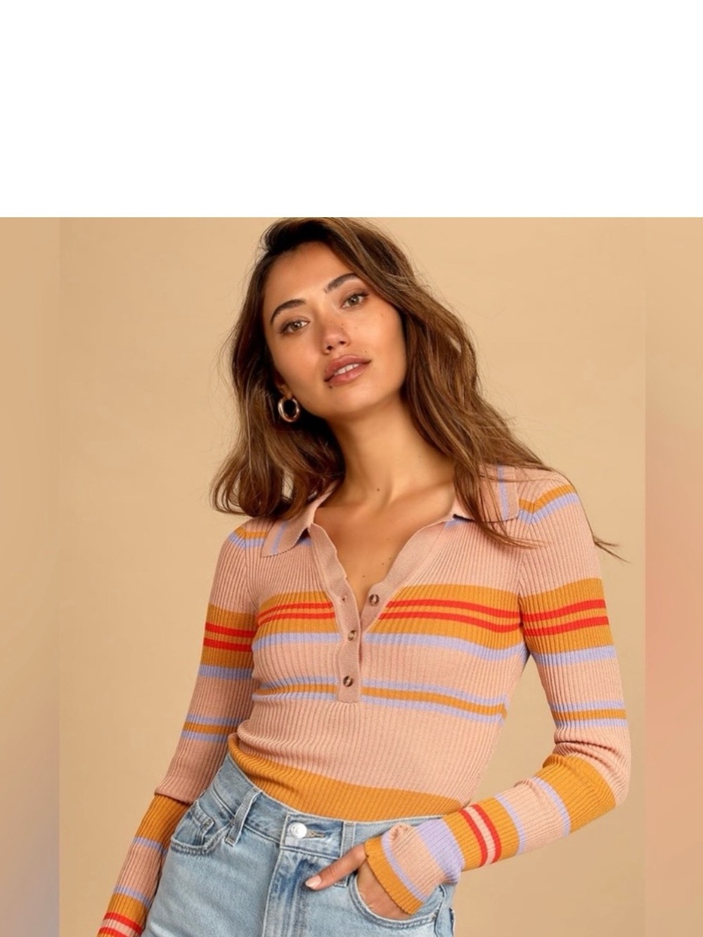 Lulus Bountiful Heart Tan Multi Striped Long Sleev